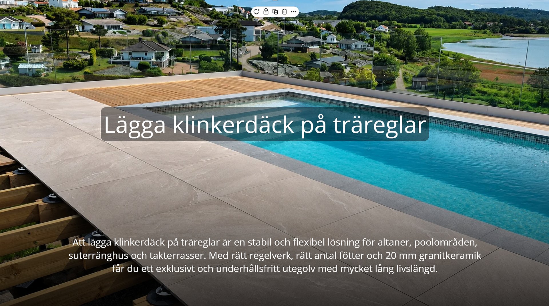 Klinkerd&auml;ck p&aring; tr&auml;reglar runt pool med 20 mm granitkeramik och justerbara piedestaler
